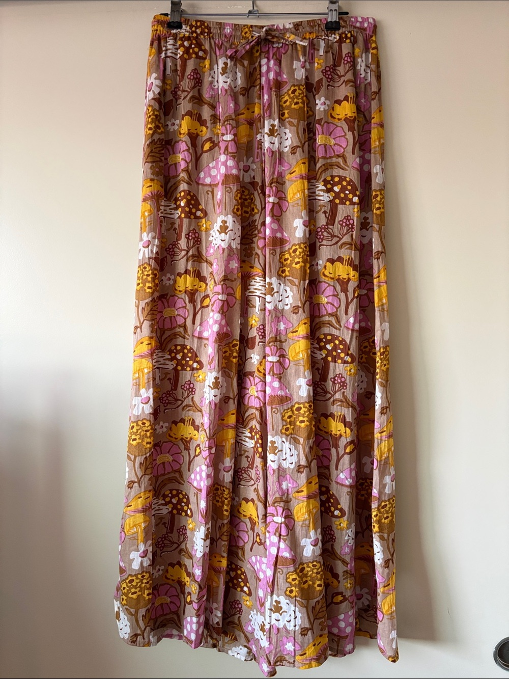 Boho Mushroom Floral Wide Leg Pants in Brown Pink & Yellow Accents & Pockets!